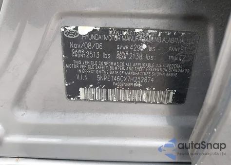 2007 Hyundai Sonata Gls from USA, damaged, VIN 5NPET46CX7H252874